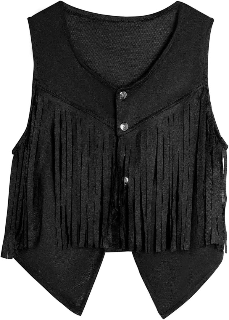 Women Tassel Vest 70s Hippie Sleeveless Faux Suede Rivets Fringe Vest Waistcoat Jacket Cowgirl Outfits (Medium, Black)