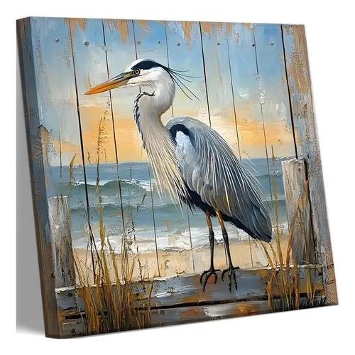Vintage Canvas Print in the Shape of a Heron, Tropical Nature, Birds