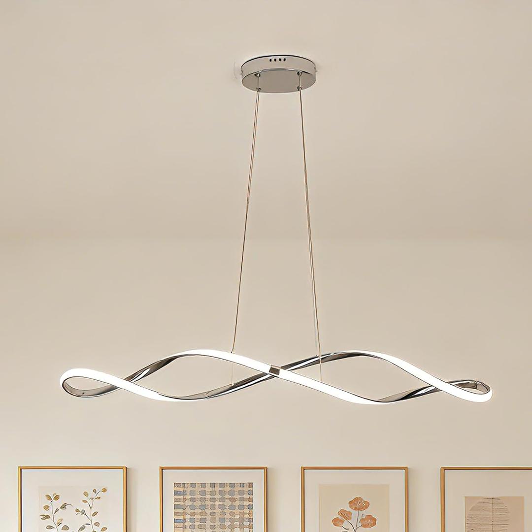39 Inch Modern LED Pendant Light, Remote Control Dimmable Adjustable Height, DIY Kitchen Island Lighting & Dining Room Chandelier, Chrome Plated Energy Saving Linear Chandelier, L100cm