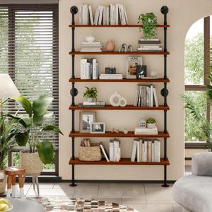 6 Tier Industrial Ladder Shelf Bookcase, Wall Mounted Rustic Bookshelf for Living Room Decor and Storage (Walnut Color, 6 Tier - 10" D x 48" W x 82.5" H)