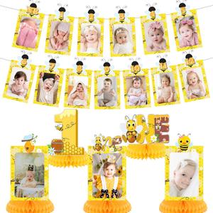 Honey Bee 1st Birthday Party Decorations, Bumble Bee 12 Monthly Milestone Photo Banner Baby First Year Down Theme Photo Table Centerpiece for Baby Bee Day First Theme Party