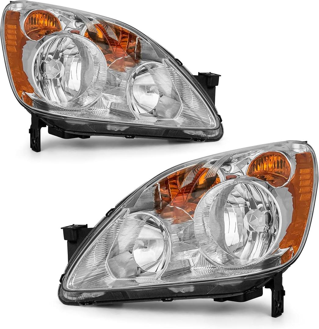 Headlight Compatible with 2005 2006 Honda CRV Headlamp Chrome Housing Amber Reflector Replacement Pair