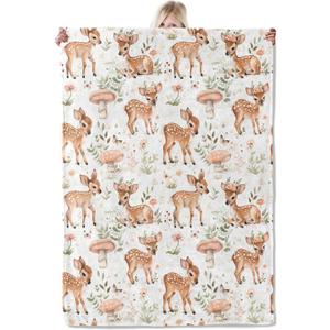 Cute Deer Blanket 5060 Inch,Forest Fawn and Mushroom Print Lightweight Flannel Throw with Woodland on White Background,Spring Rustic Farmhouse Home Decor,Gifts for Girls,Women