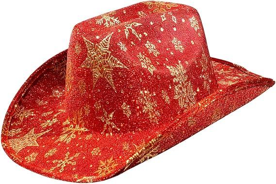 Christmas Cowgirl Santa Hat Glitter Cowboy Hat Party Hat with Star Snowflake for Men and Women for Christmas Party