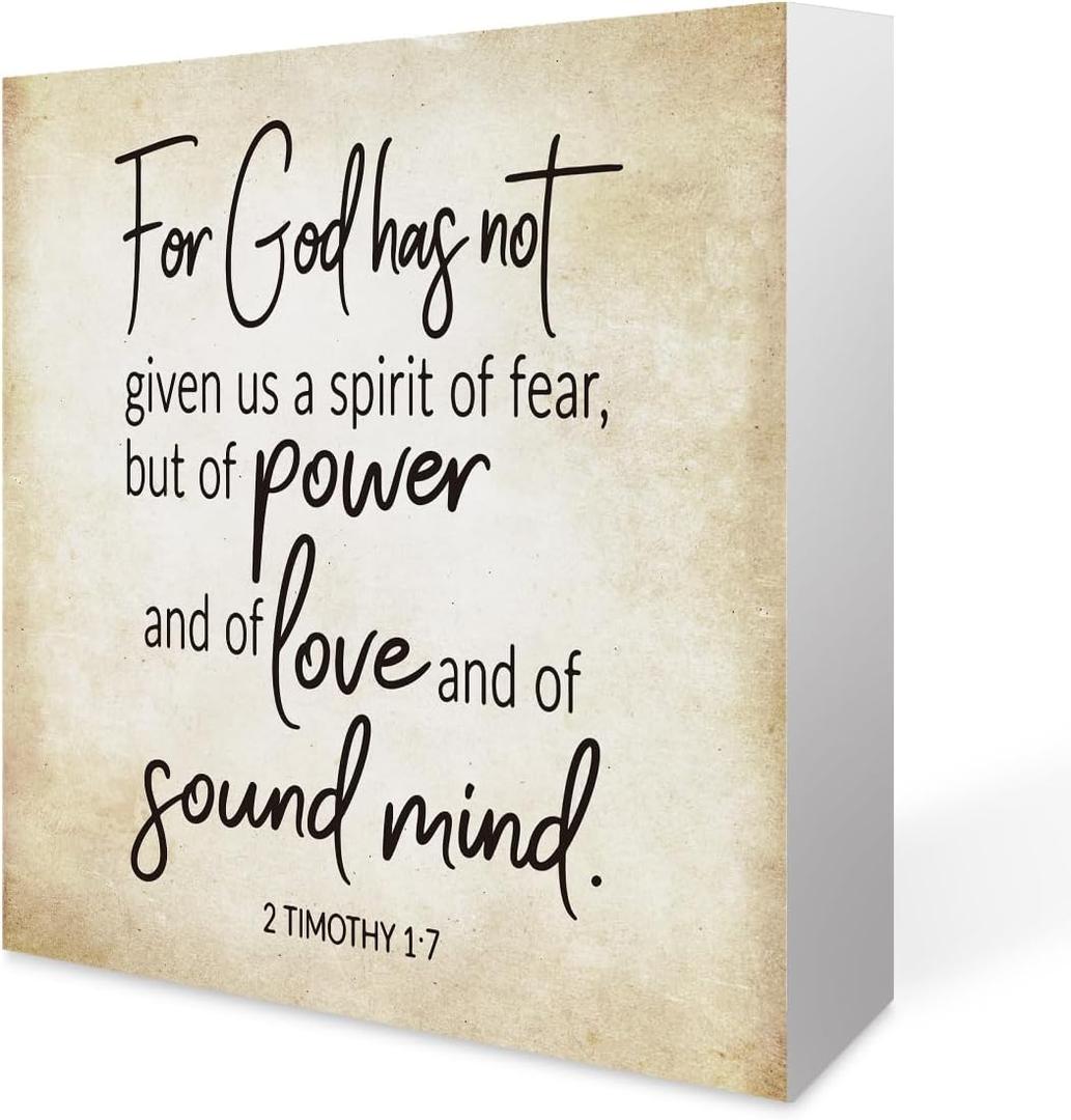 Inspirational Bible Verse For God Has Not Given Us A Spirit Of Fear Wooden Box Sign 2 Timothy 1:7 Rustic Scripture Wood Block Plaque Box Sign for Home Office Shelf Table Decoration, Christian Gifts