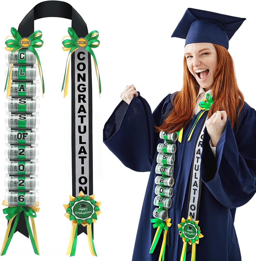 Lyrow Graduation Money Lei Class of 2026 Ribbon Lei Gift Graduation Cash Gifts Pull Ideas for High School College Party Supplies(Green,Classic)