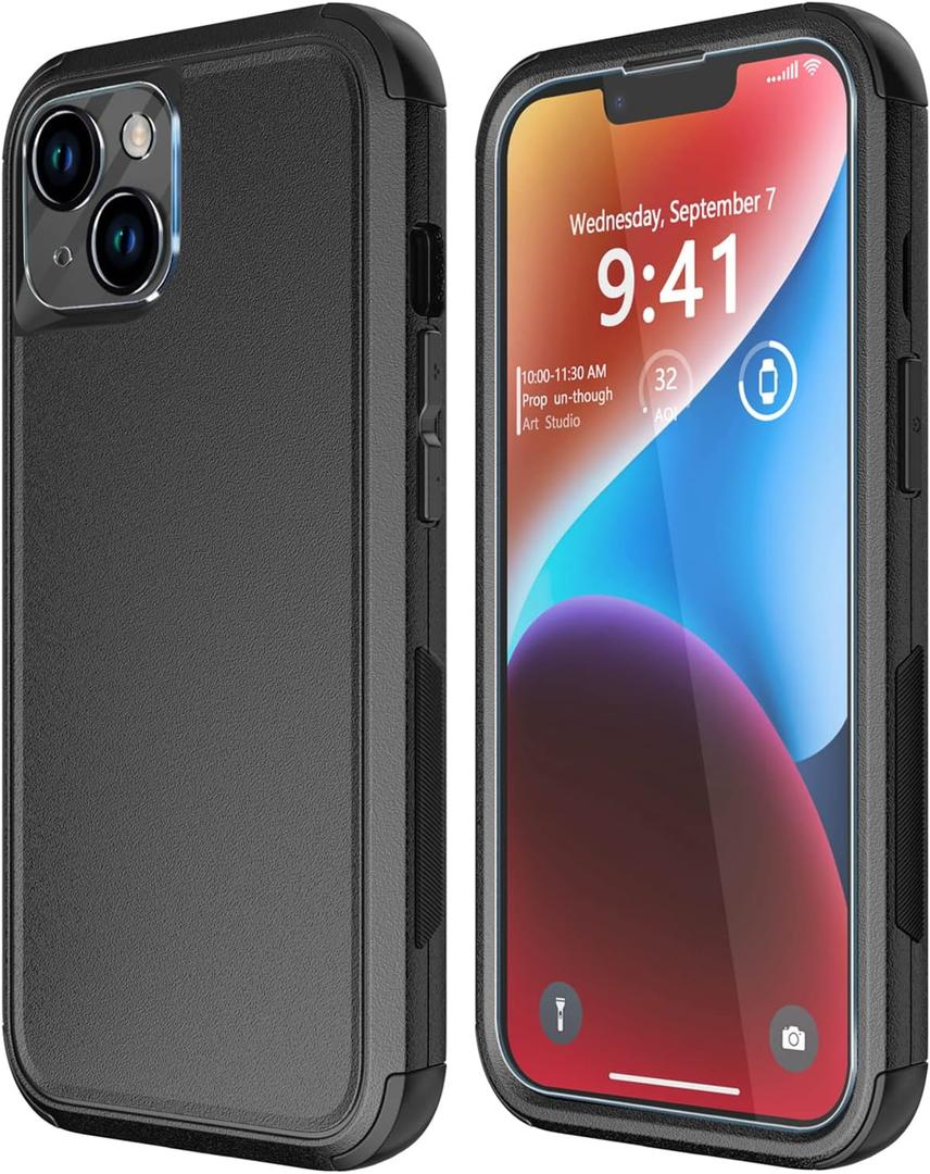 Diverbox for iPhone 14 Case [Shockproof] [Dropproof] [Tempered Glass Screen + Camera Lens Protector] Heavy Duty Protection Phone Case Cover for iPhone 14 6.1inch (BLACK - 3 in 1)