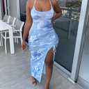 xxxiticat Women's Tie Dye Slit Maxi Dress Sleeeveless Halter Neck Sky Blue Color Block Drawstring Ruched Bodycon Dresses(BE,M) (Blue, M)