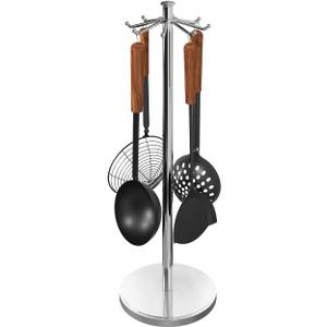 Kitchen Countertop Utensil Holder, Stainless Steel Rotatable Cooking Utensils Holder with 8 Rotating Hooks, Hanging Organizer for Spoon, Spatula, Soup Ladle, Spaghetti Server, Skimmer, Chrome