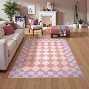 Morebes Checkered 5x7 Pink Rug for Bedroom Girls, Machine Washable Area Rug for Living Room Non Slip, Soft Low-Pile Nursery Carpet for Kids Room Dorm Dining Room (Pink,5'x7')