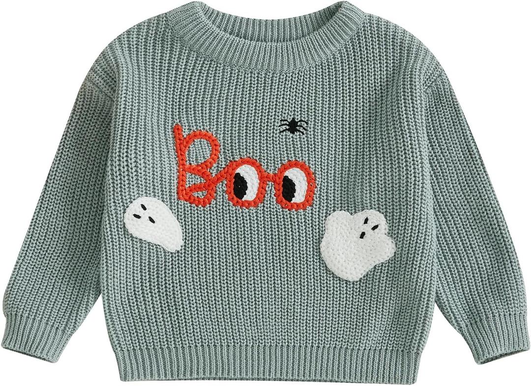 Baby Boy Girl Knit Sweater Halloween Ghost Pumpkin Embroidery Crew Neck Long Sleeve Tops Fall Winter Clothes (3-6 Months)