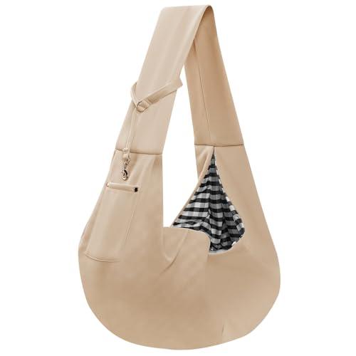 Dog Carrier Sling - Reversible Puppy Carrier Purse with Storage Pocket, Hand-Free Dog Sling Carrier for Carry Small Dogs and Cats, Travel Safety Harness, Dog and Cat Harness (Apricot)