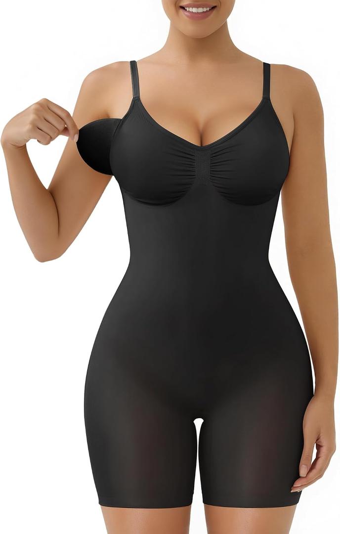 SHAPERX Women's Seamless Shapewear Tummy Control Bodysuit with Removable Pads Mid Thigh Body Shaper (Black, XL)