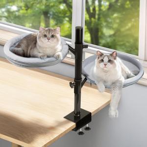 Double Layer Large Cat Desk Bed, 360 Rotating & Adjustable Shelf, 15" Thickening Desk Mounted Cat Bed with 2 Perches Holds Up to 66lbs for Office/Home