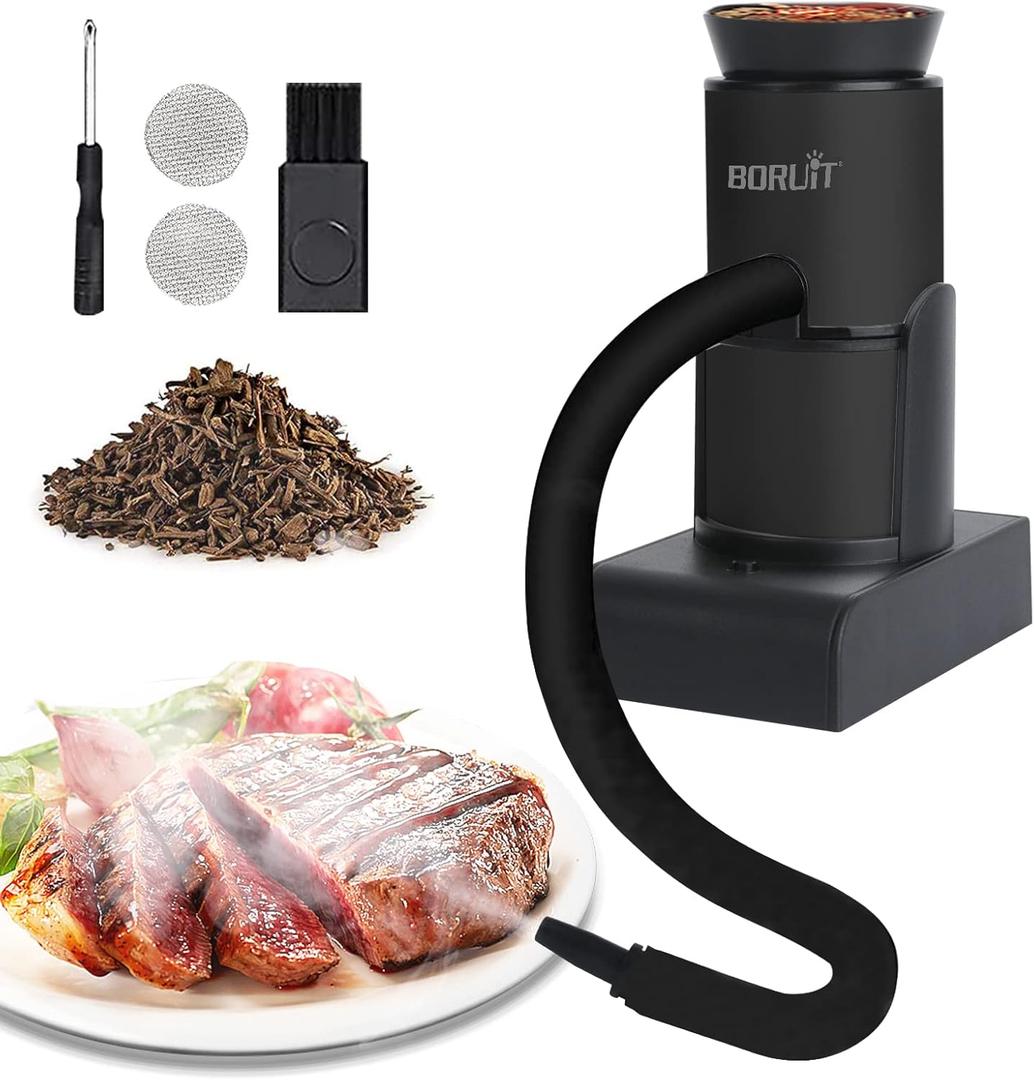 Boruit SK305 Drink Smoke Gun Cocktail Smoker Kit with Wood Chips, Whiskey Meat Bbq Cheese Smoking Infuser Portable Cold Flavour Dry Blaster (Black SK305 Upgrade, Larger Wood Chips Container)