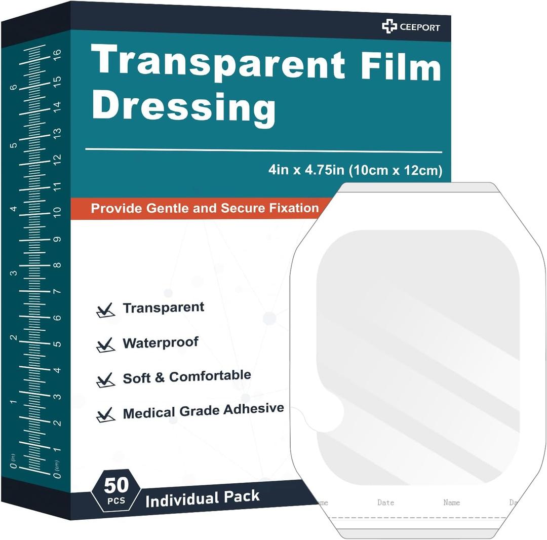 Transparent Film Dressing 4" x 4.75", Packs of 50 Waterproof Wound Bandage Adhesive Patches, Wound Cover Patches for Post Surgical Shower, IV Shield, Tattoo Aftercare Bandage