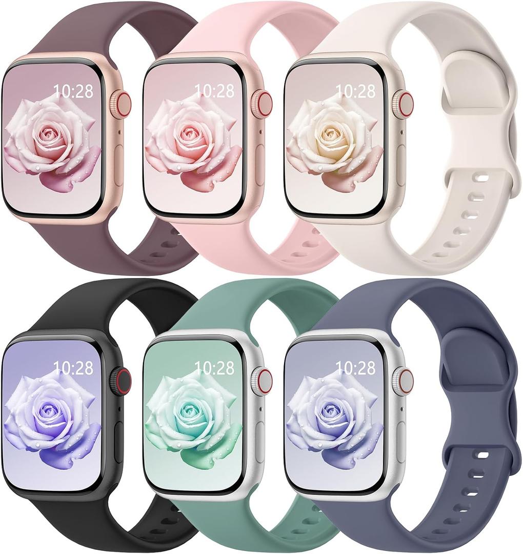 6 Pack Sport Bands Compatible with Apple Watch Bands 38mm 40mm 41mm 42mm 44mm 45mm 46mm 49mm for Women Men, Soft Wristband Silicone Sport Strap for iWatch Bands Series 11 10 9 8 7 6 5 4 3 2 1 Ultra SE