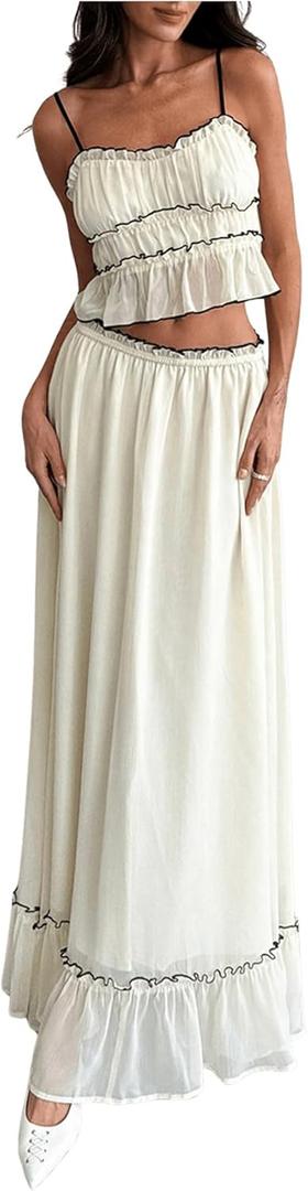 SOLY HUX Women's Skirt Sets 2 Piece Outfits Contrast Trim Ruffle Hem Cami Tops and Maxi Skirt Vacation Set (Pure Apricot, Small)