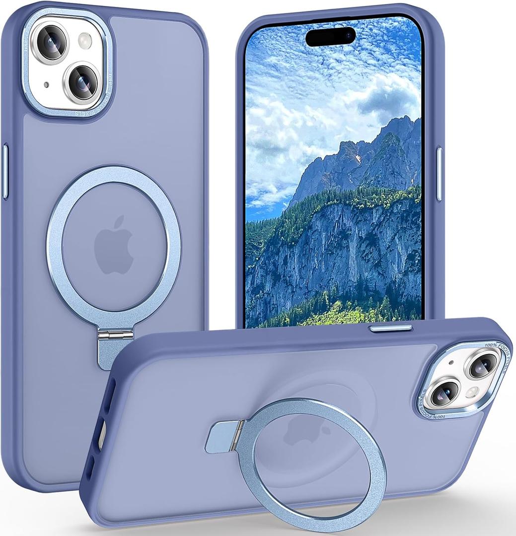 Magnetic for iPhone 15 Case with Ring Stand, [10 FT Drop Protection] [Velvety Touch] Slim Translucent Matte Back Shockproof Phone Case for iPhone 15 6.1'', Sierra Blue