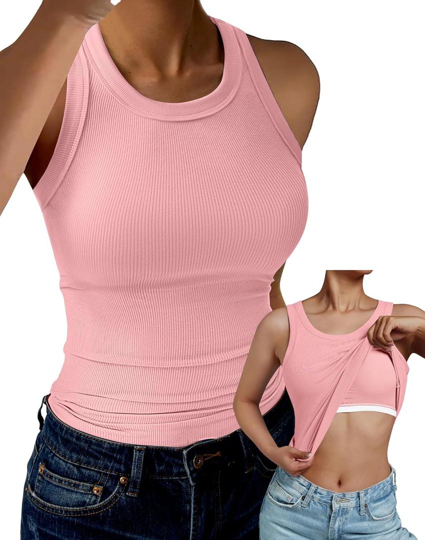 GKBK Tank Top for Women Built in Bra High Neck Ribbed Basics Tops Racerback Fitted Bra Tanks Pink XL (Pink, XL)
