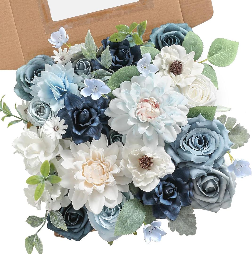 Blue Artificial Flowers Combo Box Set Silk Flowers Fake Rose for DIY Floral Arrangements Wedding Bouquets Centerpieces Baby Shower Party Home Decorations
