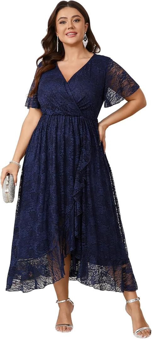 SCOMCHIC Womens Plus Size Wedding Guest Dress Formal Lace Wrap V Neck High Low Short Sleeve Cocktail Maxi Dresses (3X-Large Plus)