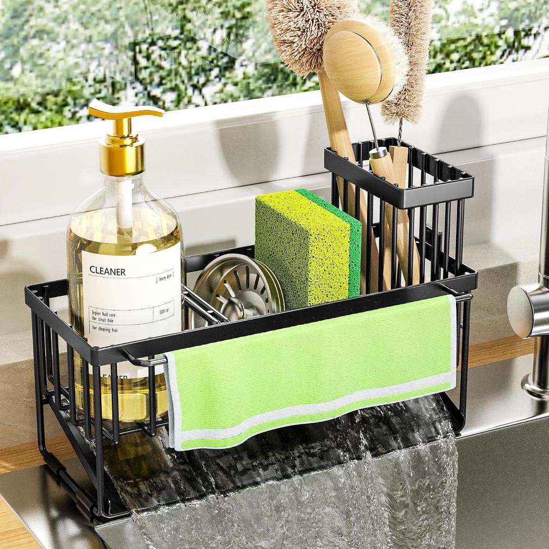 Cisily Kitchen Sink Caddy Organizer with High Brush Holder, Sponge Holder for Sink, 304 Rustproof Stainless Steel, Countertop Soap Dispenser Organizer, Black with Towel Rack, 9.25