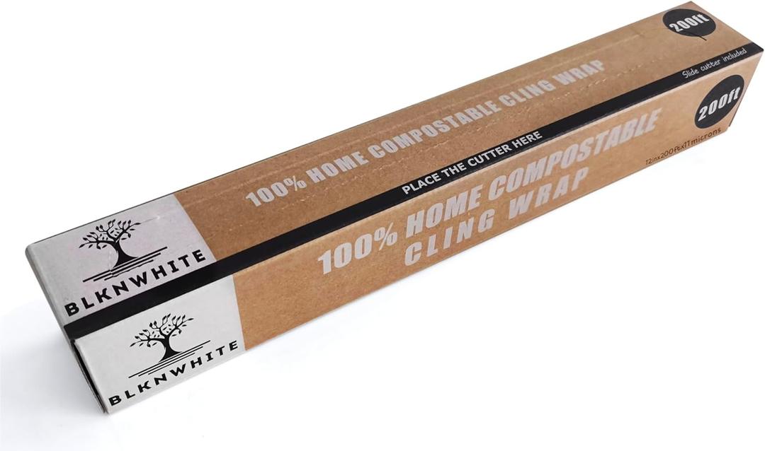 BlknWhite Certified Compostable Cling Wrap with Slide Cutter - 12" Wide x 200 feet. ASTM 6400 Certified Cling Wrap. Great Alternative to Beeswax Wraps or Plastic Wrap.