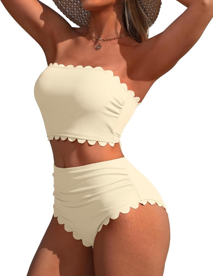 Charmo Strapless High Waisted Bikini Sets for Women Tummy Control Scallop Ribbed Bandeau Swimsuit Lace up Bathing Suits (Small, Beige)