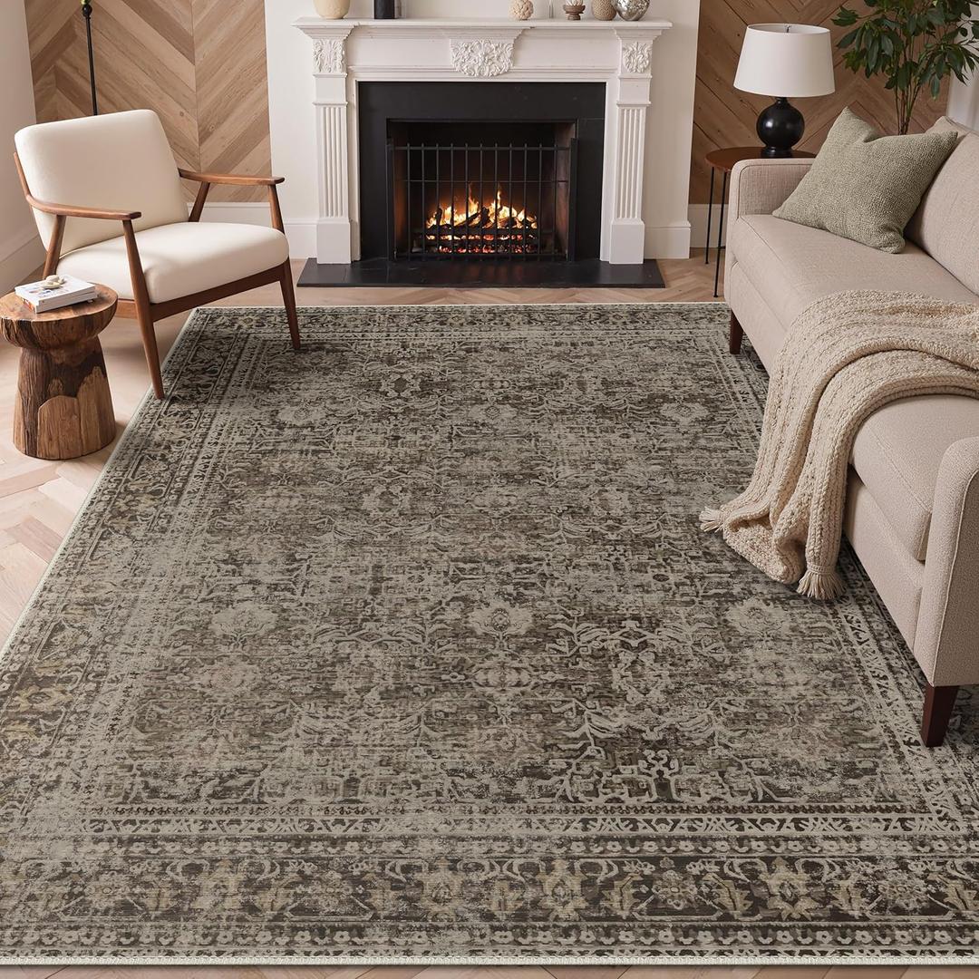 GENIMO 9x12 Area Rug Machine Washable Boho Rug for Living Room,Ultra-Thin Low Pile Carpet,Lightweight Indoor Printed Rug,Non Slip Floral Area Rug for Bedroom, Dining Room, Home Office,Brownish Green