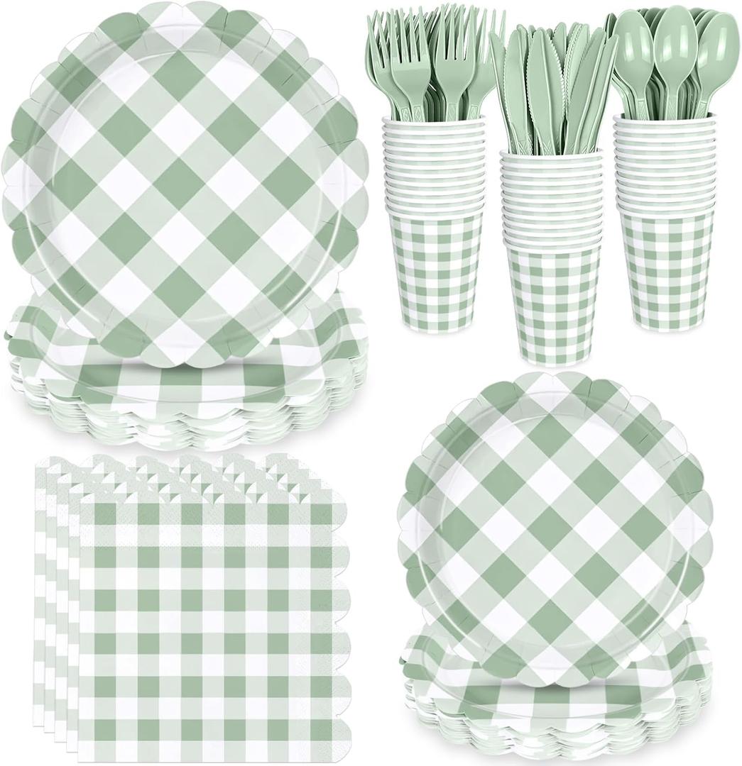 175 Pcs Sage Scalloped Gingham Party Supplies for 25 Guests, Sage and White Checkered Paper Plates, Cups and Napkins Sets for Baby & Bridal Shower, Wedding, Birthday Party, Outdoor Picnic