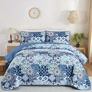 Mybedsoul Blue Quilt Set King Size, 3 Pieces Patchwork Bedspread Set Geometric Plaid Bedspread Coverlet Set Soft Microfiber Reversible Lightweight Bedding Set for All Season 110" x 90"