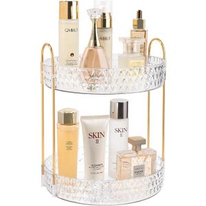 Rotating Makeup Organizer for Vanity, 2 Tier Perfume Skincare Storage for Women, Bathroom Counter Organizer, 360 Spinning Cosmetic Holder for Dresser Countertop, Clear