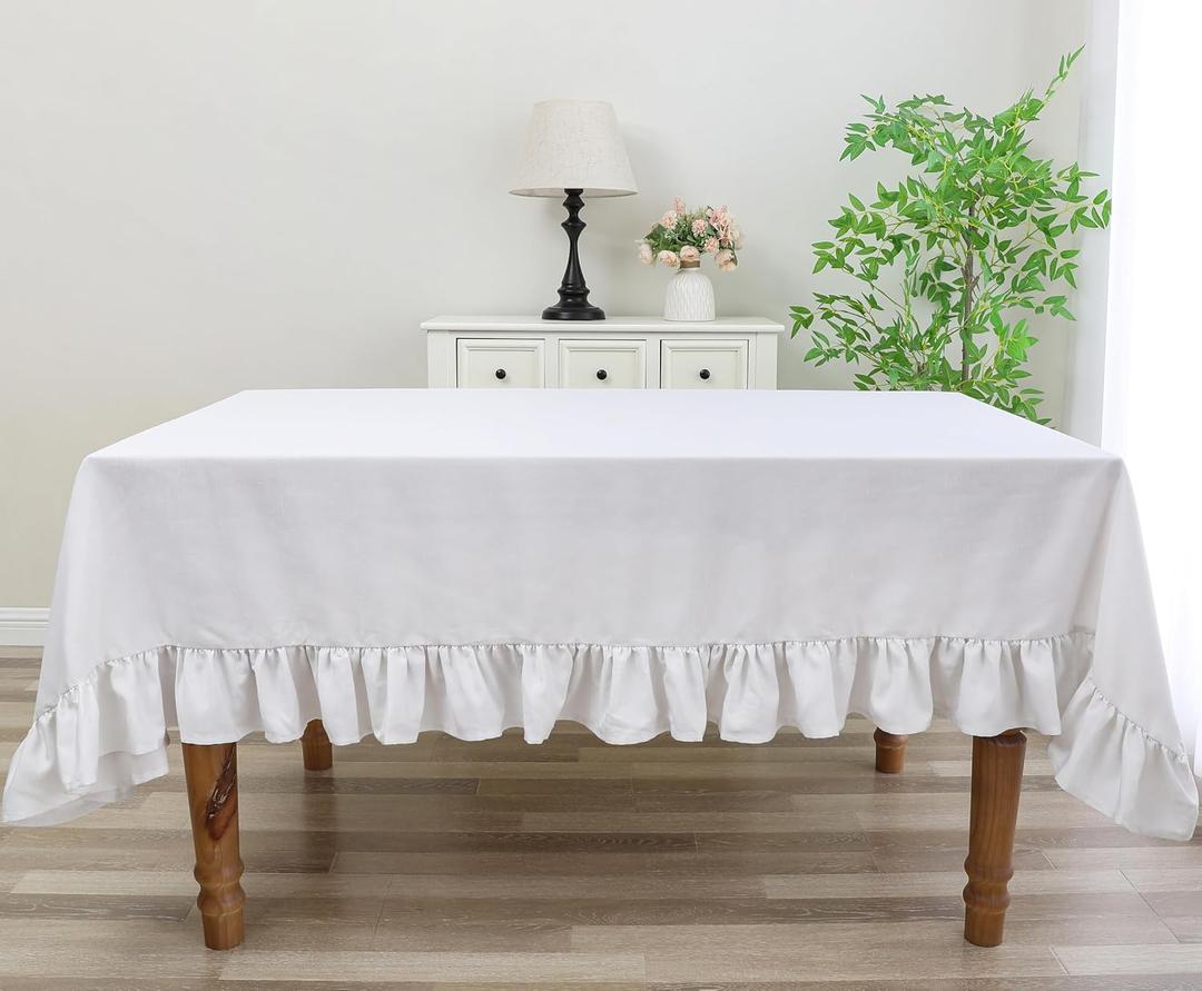 54"x54" Decorator Tablecloth Dining and Banquet Rustic Style Linen Ruffled Edge (White)