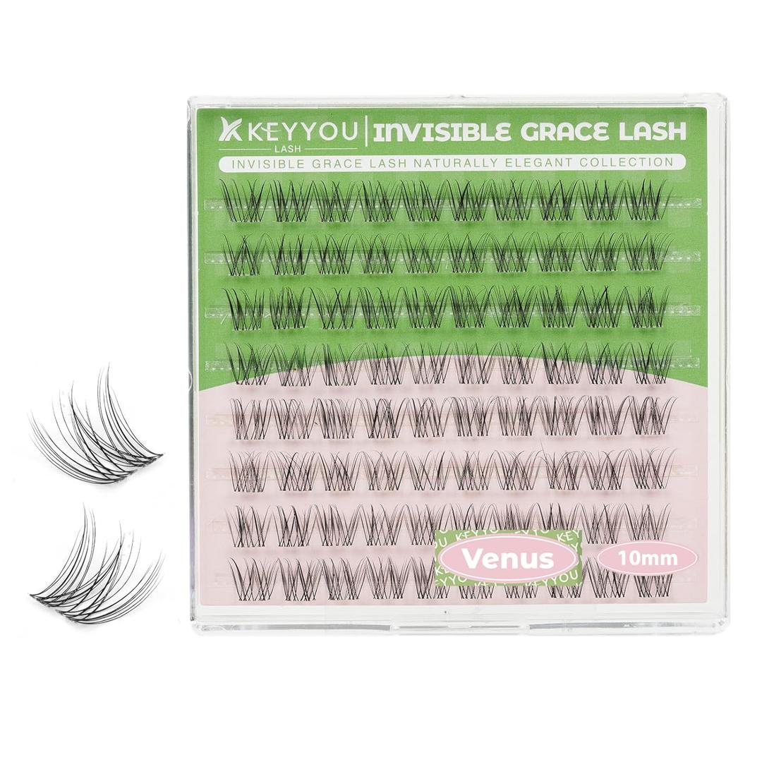 KEYYOU Venus Lash Clusters C Curl Fairy Lash Extension Eyelash Extension Wispy Natural Invisible Band Lash with Waterproof DIY Lash Extension at Home(VenusC10MM)