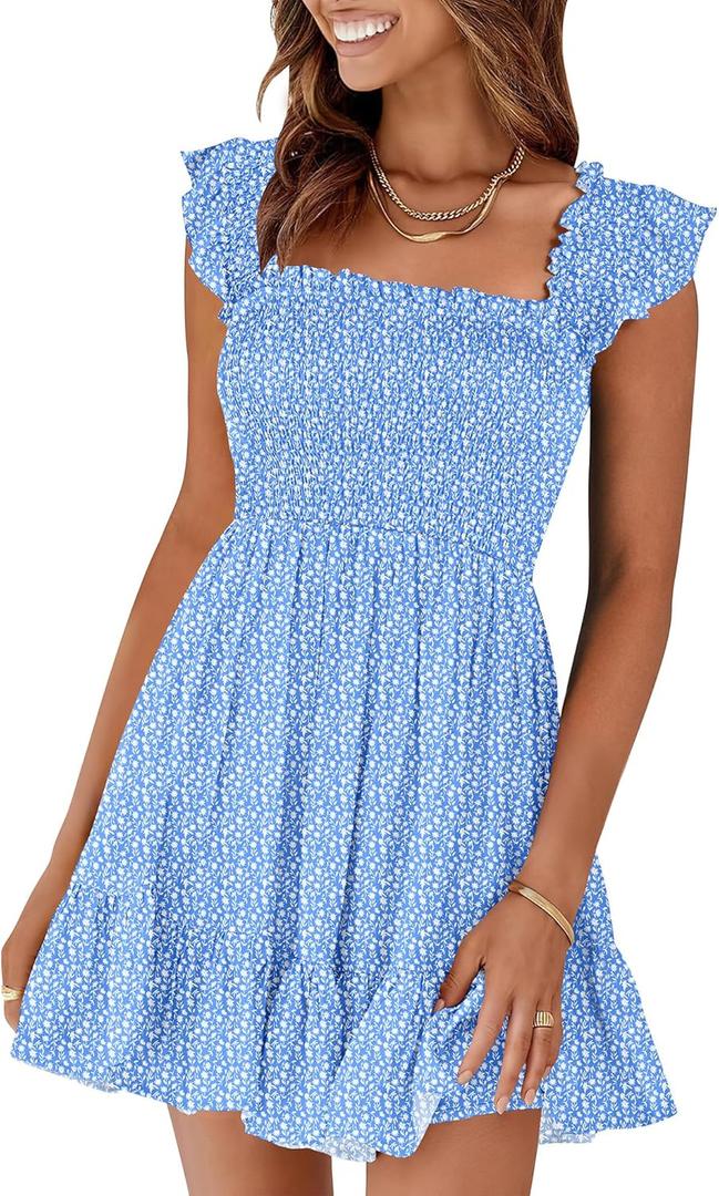 Prinbara Womens Summer Casual Square Neck Smocked Short Sundress 2026 Spring Beach Vacation Flowy Cute Teen Girl Boho Dresses (Small, Pattern Floral Blue)