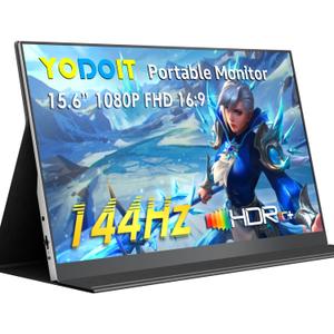 Yodoit Portable Monitor 144Hz 15.6Inch - 1080P Gaming Screen for Laptop IPS Display with USB Type C Port and Speakers with Smart Cover Metal Compatible with PC, MacBook, Xbox (Black)
