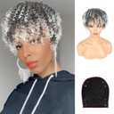 CINHOO Gray Curly Hair Topper for Thinning Hair with Bangs Clip on Ponytails for Black Women Mens Hair Piece Unite Hair Products Salt and Pepper Wigs for Women Toupee for Men(1B/Gray)