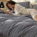 Bedsure Striped Duvet Cover King Size,100% Washed Cotton Duvet Cover Linen Like Textured, Classic Striped Pattern Enhances Bedroom Comfort and Style, Stripes Grey, 104"x90"