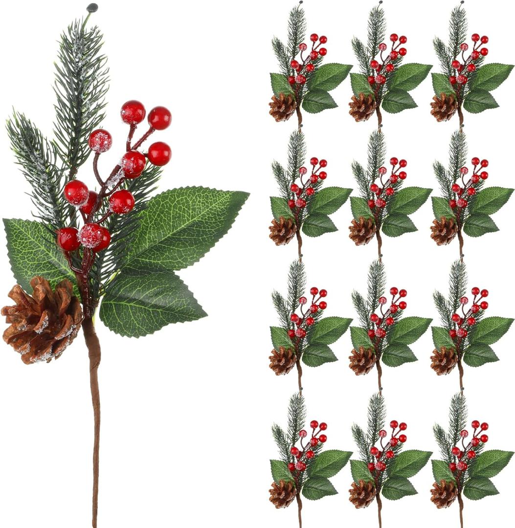 Boao 12 Pcs 11'' Large Christmas Pine Picks Tree Decoration Red Berry Picks and Sprays with Cone Artificial Fake Branches Snowy Floral Flower Holly Pine for Tree Crafts Decor Faux Stem