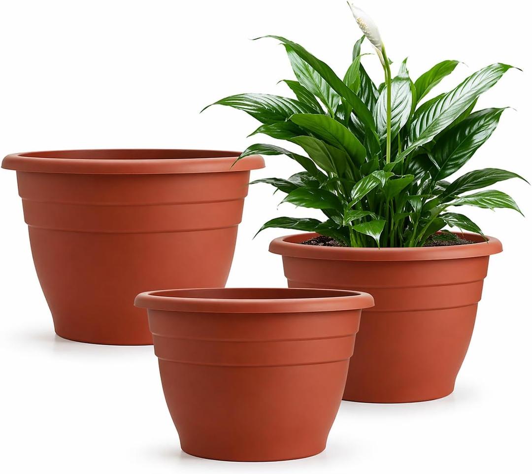 RooTrimmer 3 Pack 11 Inch Plant Pots Lightweight Planters with Drainage Holes,Durable Indoor & Outdoor Flower Pots for Garden,Patio & Home Decor(Pottery Red)