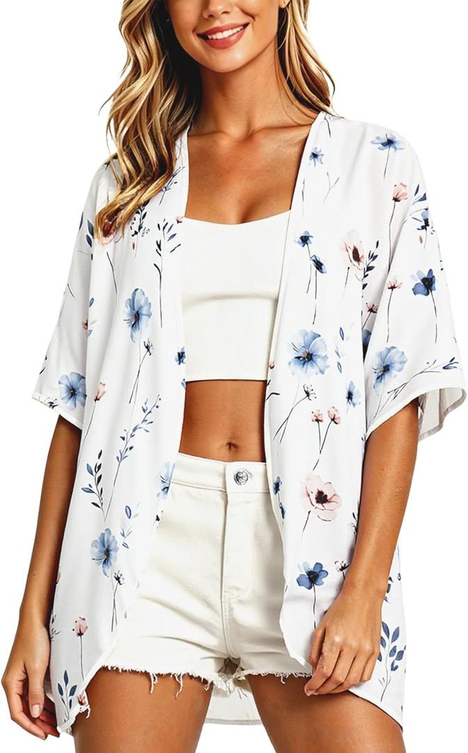 Women's Floral Cardigan Coverups Bohemian Kimono Loose Cover Up Tops Beach Swimsuit Puff Sleeve Blouse Female Chiffon Summer (Medium, White Blue Flower)