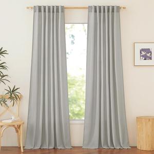 NICETOWN Gray Linen Curtains 95 inches Long for Boys Room, Rod Pocket & Back Tab Thick Flax Linen Weave Privacy Assured Not See Through with Light Filtering for Bedroom, W55 x L95, 2 Panels (Grey)