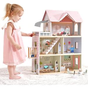Giant bean Large Pink Wooden Dollhouse with Furniture for Girls with Doorbell, Light,Elevator, 6 Rooms 2.6ft High,15 Pcs Furniture & 3 Dolls, Kids Playhouse Toy for Girls 3-7+, 31.5" x 25" x 12.2"