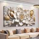 SSNEEKNDG Flower Wall Art White and Gold Botanical Canvas Artwork 29"x58"