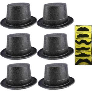 6 Pcs Adults Top Hats Plastic Magician Hat Costume Hat with Beard for Men and Women Stage Party Cosplay Supplies (Black)