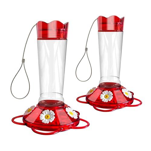 Crinature Glass Hummingbird Feeders for Outdoors with Perches,Humminggbird Feeders for Outdoor Hanging,Top Fill Hummingbird Feeder,5 Feeding Ports,Red(10 Ounces - 2 Pack)