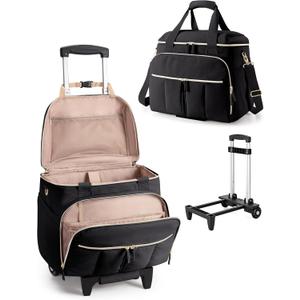 Marscamd Rolling Teacher Bag with Accordion File Organizer & 15.6" Laptop Compartment, Wheeled Work Briefcase Tote with Detachable Trolley & Crossbody Strap for Women, Black