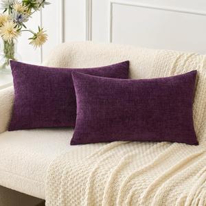 MIULEE Pack of 2 Couch Throw Pillow Covers 12x20 Inch Soft Plum Purple Chenille Pillow Covers for Sofa Living Room Solid Dyed Pillow Cases