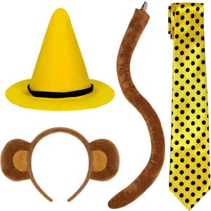 Parma77 4 Pcs Monkey Ears Headband and Tail Set, Monkey Costume Yellow Costume for Adult, Yellow Hat Black Polka Dots Tie for Cosplay Party Accessories